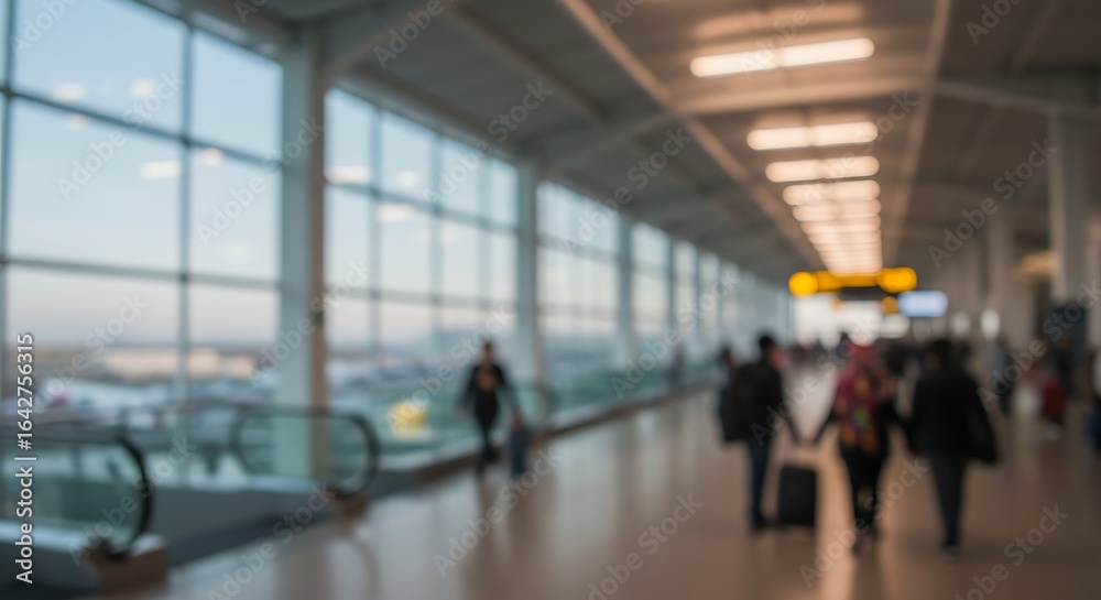 Obraz premium Blurred background view of a modern airport terminal with travelers in motion, a conceptual image with soft bokeh light effects