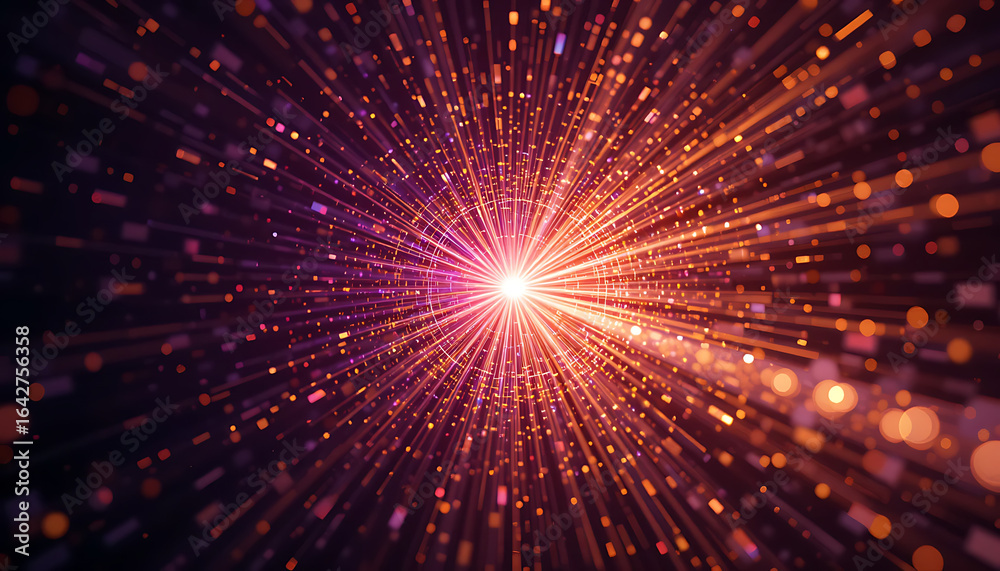 Naklejka premium Abstract spiral swirel vortex style outer space theme particles in cool colors rays, in a dark purple background, intricate details, hole on the middle of the vortex, glowing stars sparkling around th