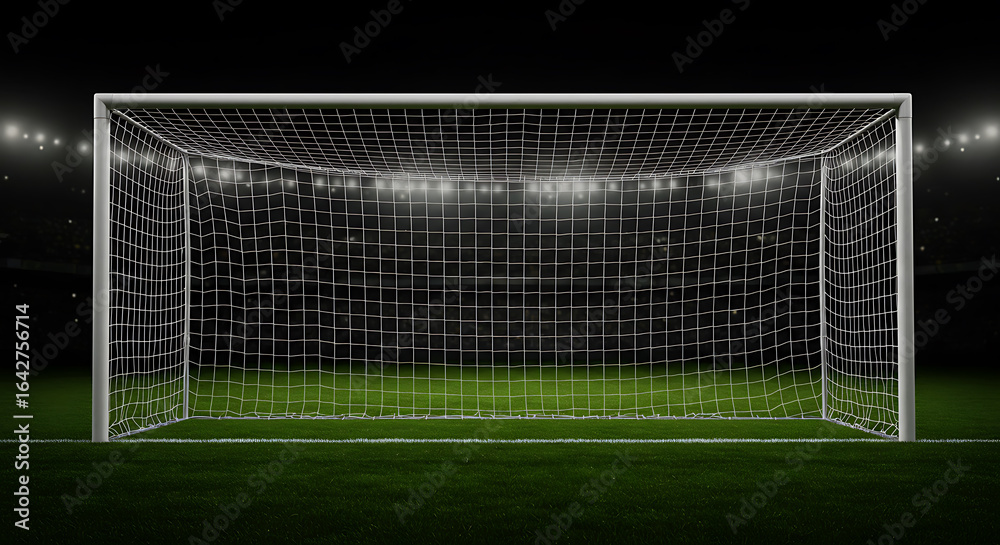 Fototapeta premium Illuminated Soccer Goal at Night: Dramatic Stadium Setting