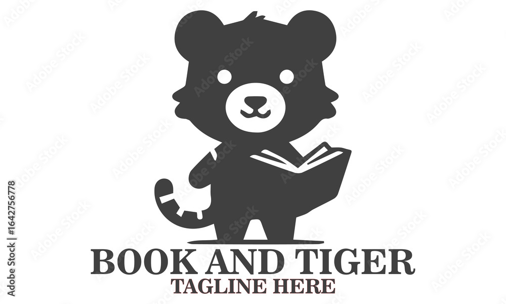 This adorable tiger mascot. Unique vector illustration of a cartoon tiger engrossed in reading a book and tiger logo design