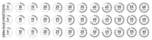 Circular hour, minute and second timer icons set. Ideal for infographics, countdowns, and time management visuals. Isolated vector illustration.