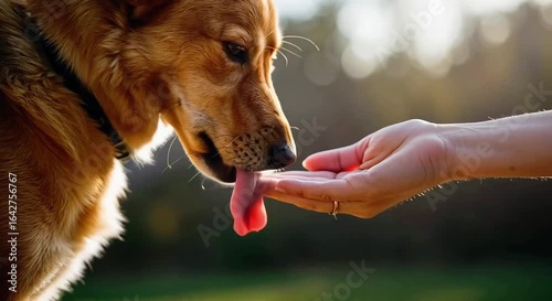 Golden retriever dog licking human hand in outdoor sunlight  