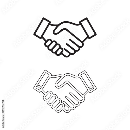 Minimalist businessman partnership cooperate hand icon or shaking hands outline symbol/ white background