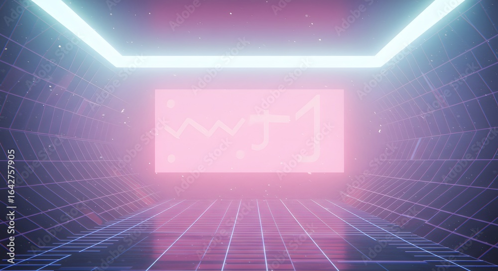 Obraz premium Futuristic, glowing corridor with a pink screen displaying a rising graph, evoking a sense of technological advancement and progress.
