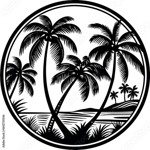 Tropical island scene with silhouetted palm trees and ocean waves vector