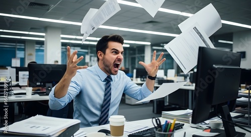 A frustrated office worker screams in rage, tossing documents and papers into the air while sitting at his desk in a modern office.