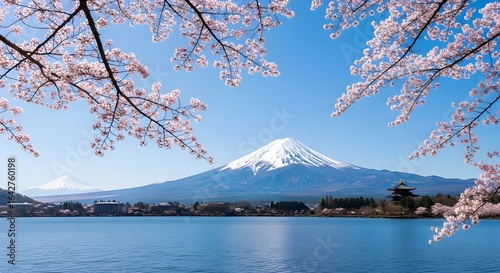 Mount Fuji with cherry blossoms on a clear sunny day