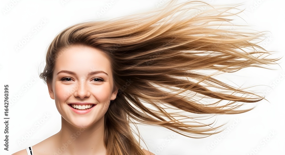 Fototapeta premium Smiling woman with long blonde hair blowing in the wind on white background