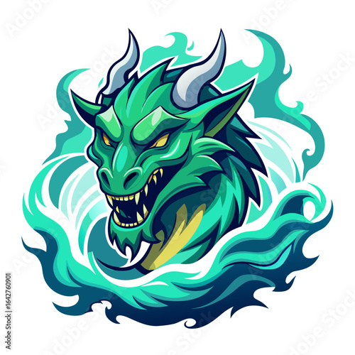Fierce green dragon head with glowing yellow eyes and teal fiery waves