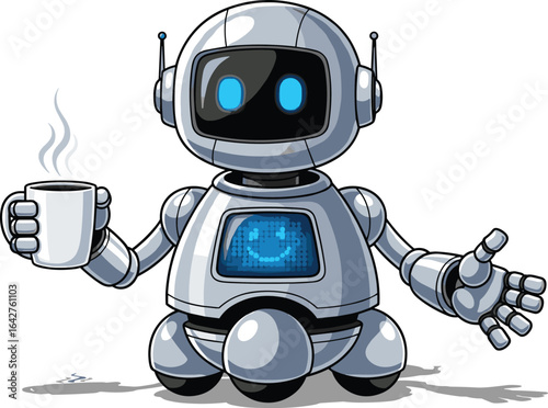 Cute Robot Holding a Coffee Cup with a Smile