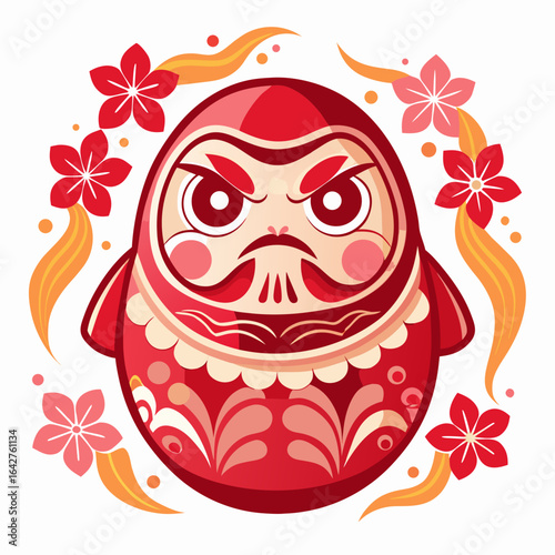 Vibrant red Daruma doll with flowers and flowing accents, embodying luck and perseverance