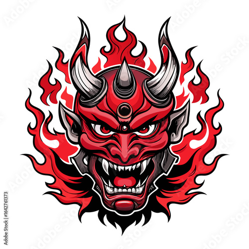 Fierce red demon mask with sharp horns and fiery aura evokes power and intensity
