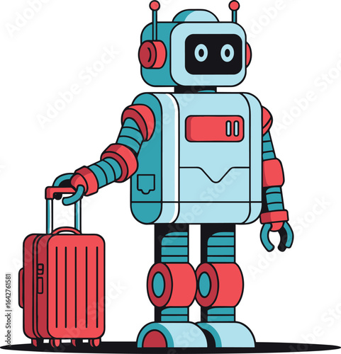 Robot with a red suitcase, ready for travel