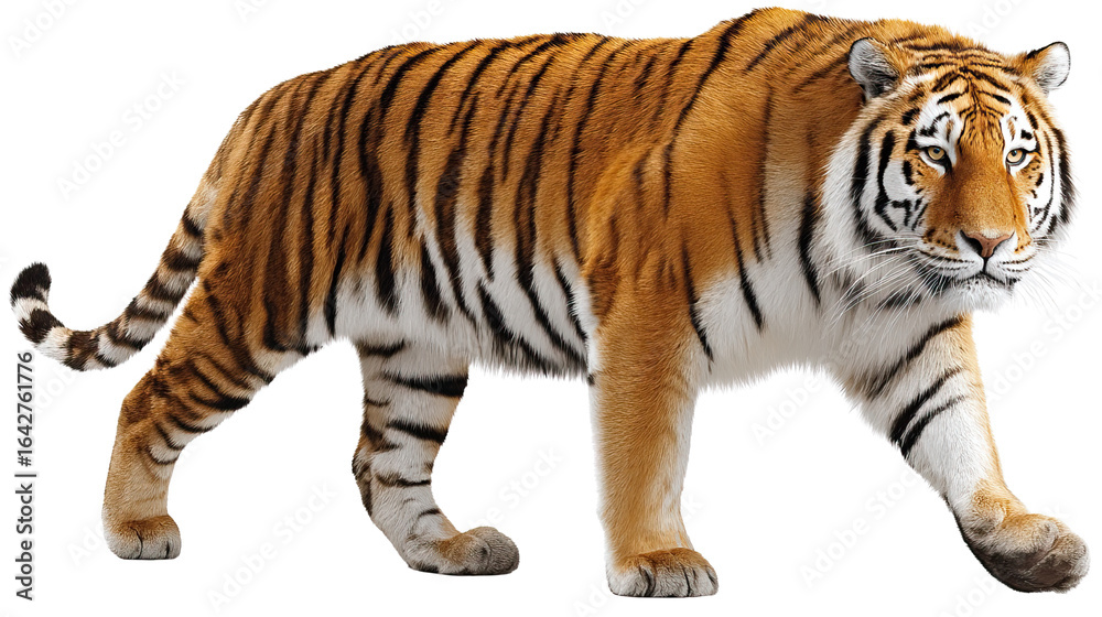 Obraz premium Majestic Tiger in Motion: A vibrant depiction of a magnificent tiger prowling forward, its muscular physique and distinctive stripes radiating power and grace. 