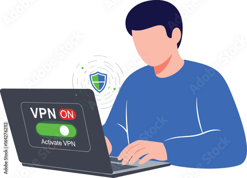 Man using laptop with VPN activated for online security
