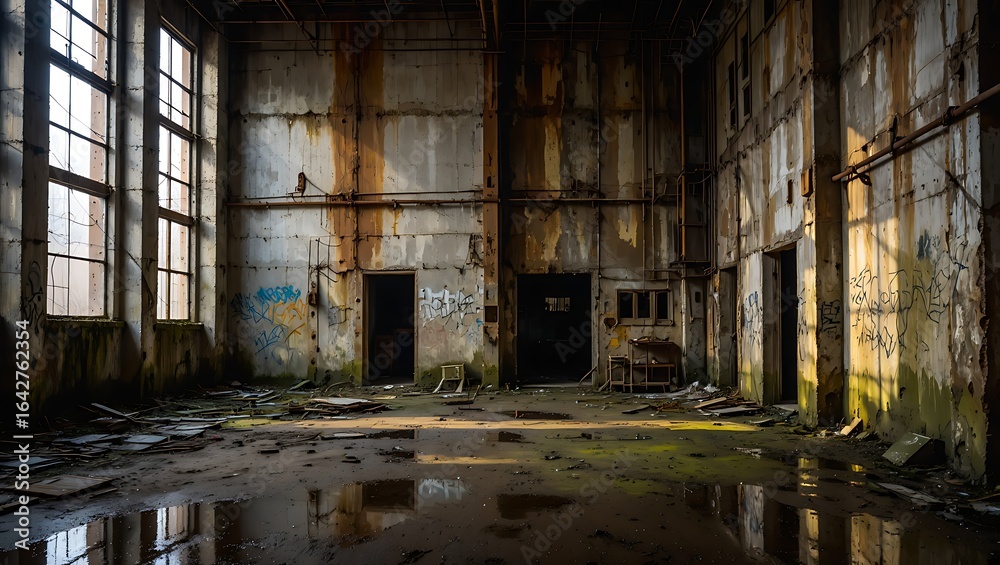 Obraz premium Abandoned Industrial Building with Water Reflection and Natural Light Exploring Urban Decay and Forgotten Spaces