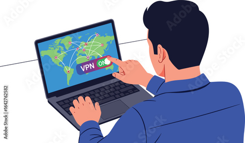 Man activates VPN on laptop with world map connection lines
