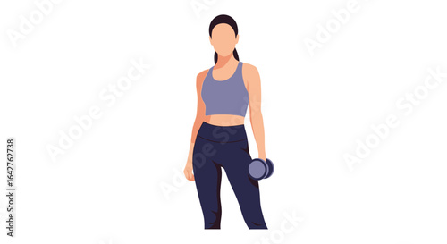 Athletic faceless woman in sportswear holding a dumbbell, flat vector illustration.