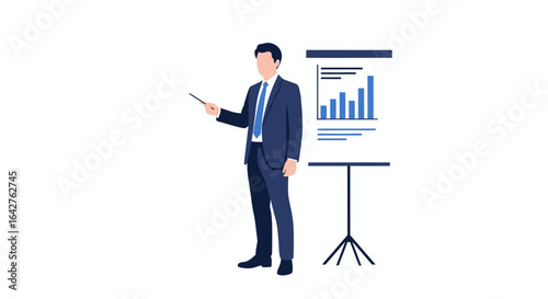 Faceless businessman in a blue suit presenting a bar graph on a flip chart, holding a pointer.