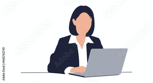 Faceless businesswoman in a dark suit working on a laptop, minimalist vector illustration.