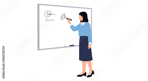 Faceless businesswoman in a blue shirt and skirt writing on a whiteboard with a marker.