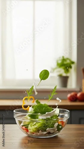 Wallpaper Mural Garden salad dressing splash; vegetables falling into glass bowl , perfect for healthy food social media content Torontodigital.ca
