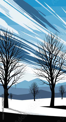 A stark winter landscape under a dramatic blue sky with silhouetted trees and distant mountains