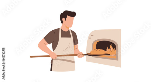 Faceless male baker in an apron using a peel to bake fresh bread in a traditional stone oven.