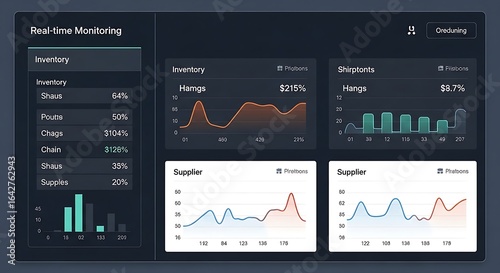 Illustration of realtime monitoring dashboard displaying inventory and sales analytics with charts