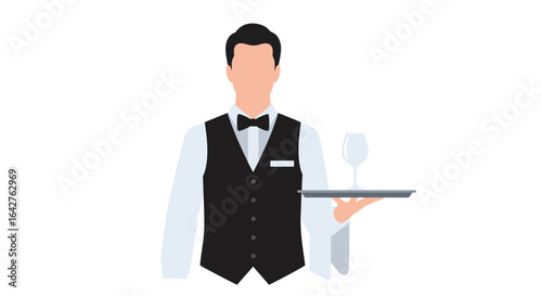 Faceless male waiter in a formal uniform with a bow tie, holding a tray with a wine glass.