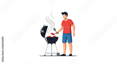 Faceless man in red shirt and blue shorts grilling burgers on a black kettle barbecue.