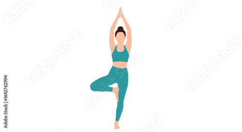 Faceless woman in teal activewear practicing the yoga Tree Pose (Vrikshasana).