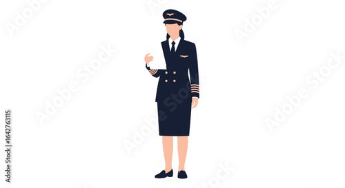 Professional female airline pilot in a dark uniform with a captain's hat, holding a document. Flat vector illustration.