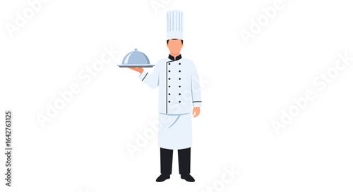 Professional male chef in a white uniform and tall toque holding a silver serving platter with a cloche.