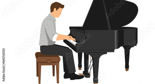 Side view illustration of a focused man in a grey shirt playing a black grand piano.
