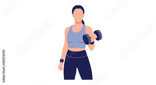 Woman in sportswear lifting a dark-blue dumbbell, fitness illustration