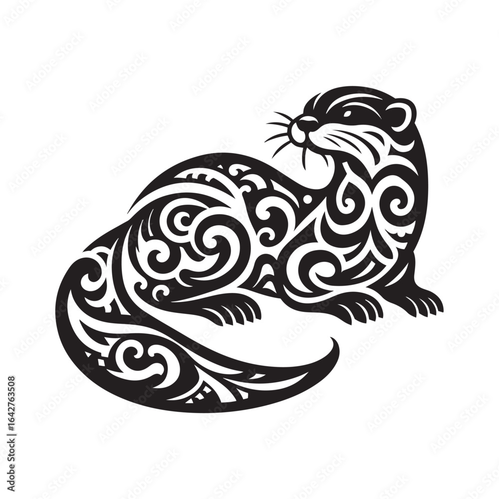 Obraz premium Tribal Tattoo Style Asian Small Clawed Otter Silhouette with Flame Feather Details and Curved Lines Vector Design