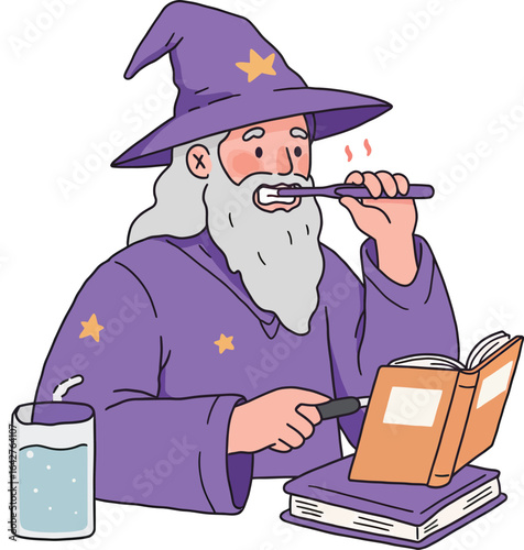 Old wizard brushing teeth while reading a book isolated on white background