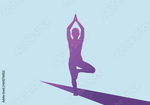 Silhouette of a person in a yoga tree pose, hands raised above head, against a light blue background with a purple gradient shadow.