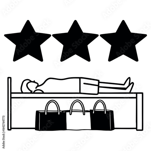 Minimalist single line drawing of person sleeping on bed with stars above and bags below vector
