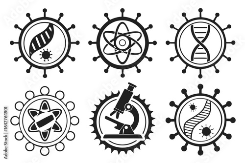 Scientific Icons DNA Atom Microscope and Virus Symbols.