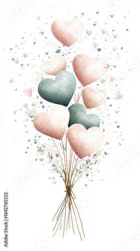 beautiful cluster of heart shaped balloons pastel colors, surrounded by smaller hearts and