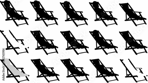 Silhouette pattern of people relaxing in deck chairs arranged in a grid formation on white background