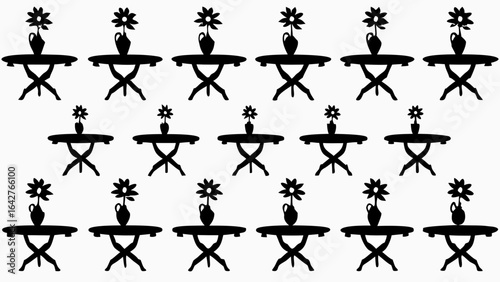 Repeating pattern of tables with crossed legs and vases with flowers on a white background design element silhouette