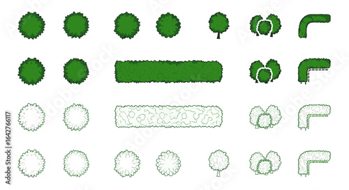 A collection of top-down view symbols for trees and hedges used in landscape architecture and garden design plans.