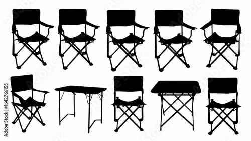 Silhouette illustration of five folding camping chairs and two folding camping tables set up outdoors