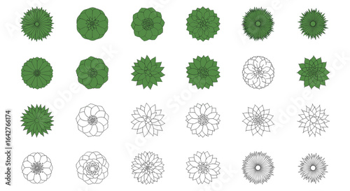 A collection of top-down illustrations of various trees, featuring both colored and line-art representations for architectural or landscape design purposes.