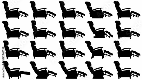 Silhouette pattern showing multiple recliner chairs with footrests arranged in a grid formation on white background