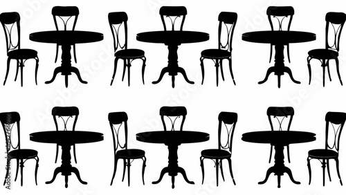Illustration featuring multiple sets of tables and chairs arranged in a symmetrical pattern design layout silhouette