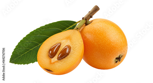 Sweet and tangy loquat fruit, with a whole piece and a half displaying its edible pulp and shiny seeds, alongside a green leaf.